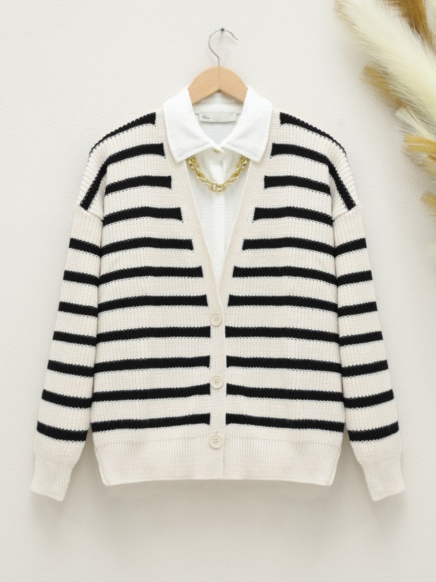 Buttoned Thick Striped Cardigan -Stone