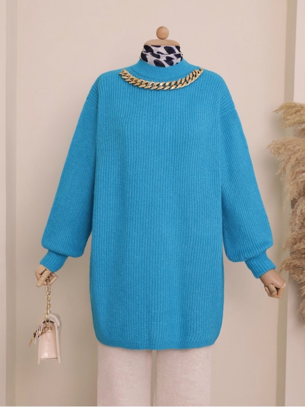 Balloon Sleeve Yumoş Knitted Knitwear Tunic     - Turquoise