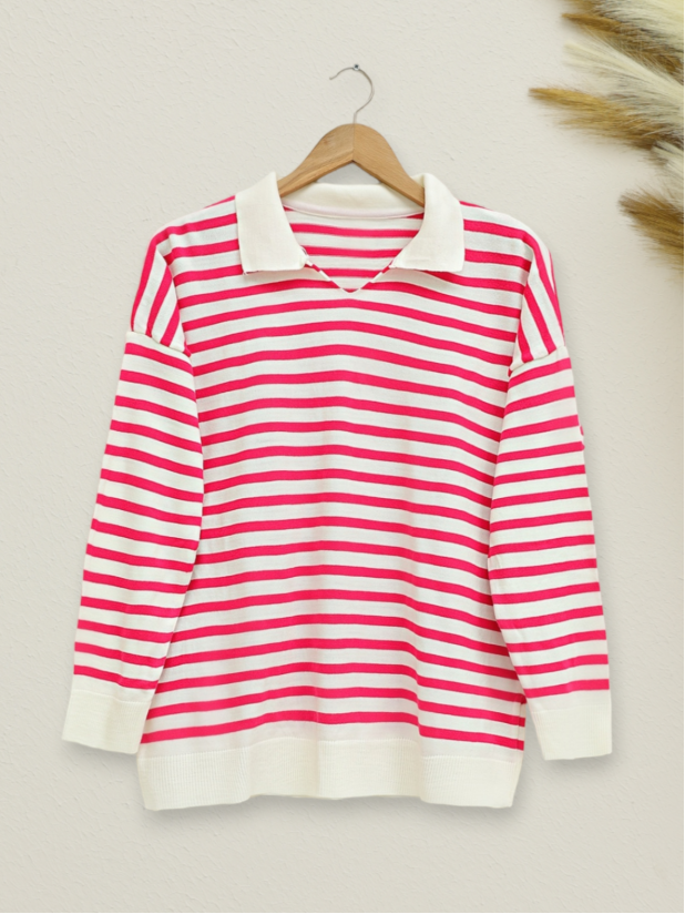 Polo Neck Striped Knitwear Sweater -Ecru