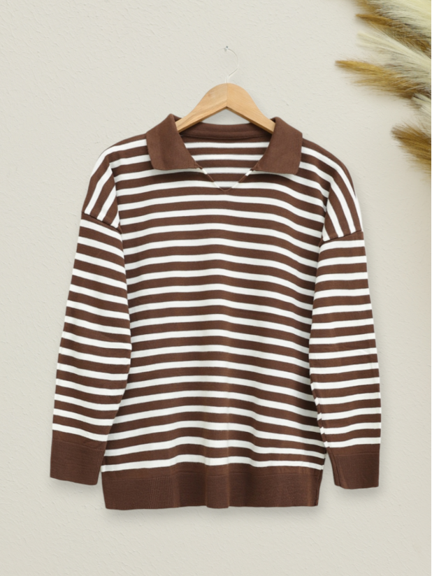 Polo Neck Striped Knitwear Sweater -Brown