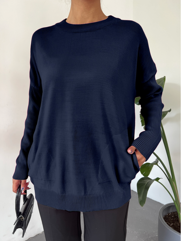 Round Neck Sleeve Ribbed Knitwear Sweater -Navy blue
