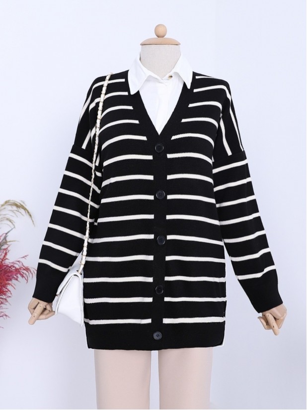 Striped Buttoned V-Neck Knitwear Cardigan -Black