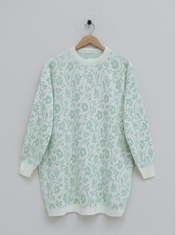 Floral Patterned Round Neck Knitwear Tunic  -LIGHT GREEN
