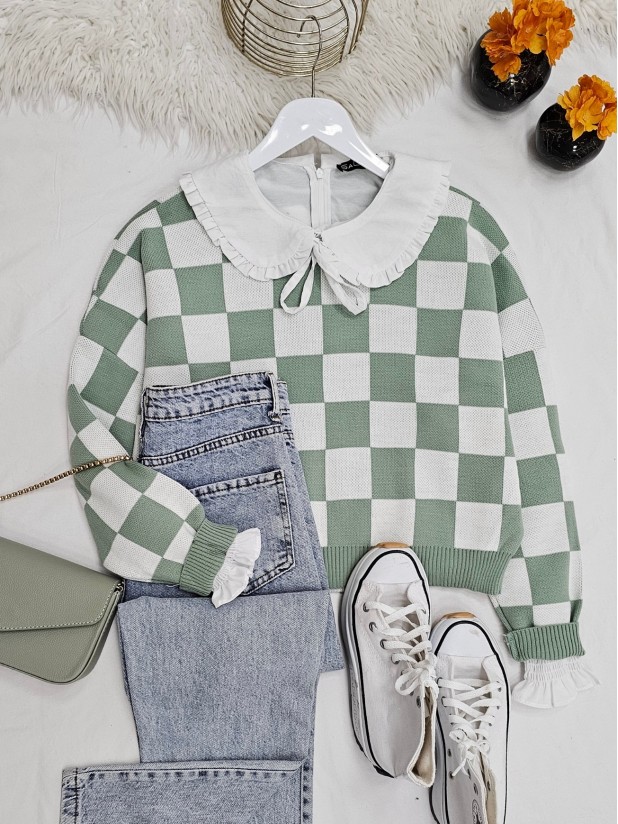 Checker Pattern Sweater -Mint Color