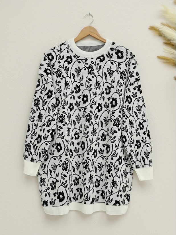 Floral Patterned Round Neck Knitwear Tunic -Black