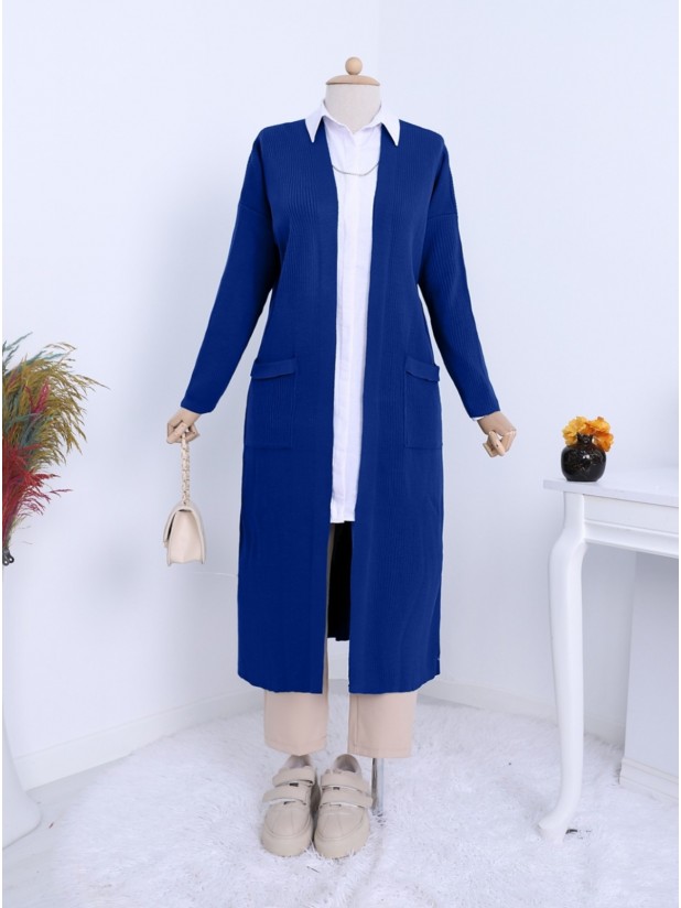 Long Knitwear Cardigan with Ribbed Pockets and Slits -Saxe 