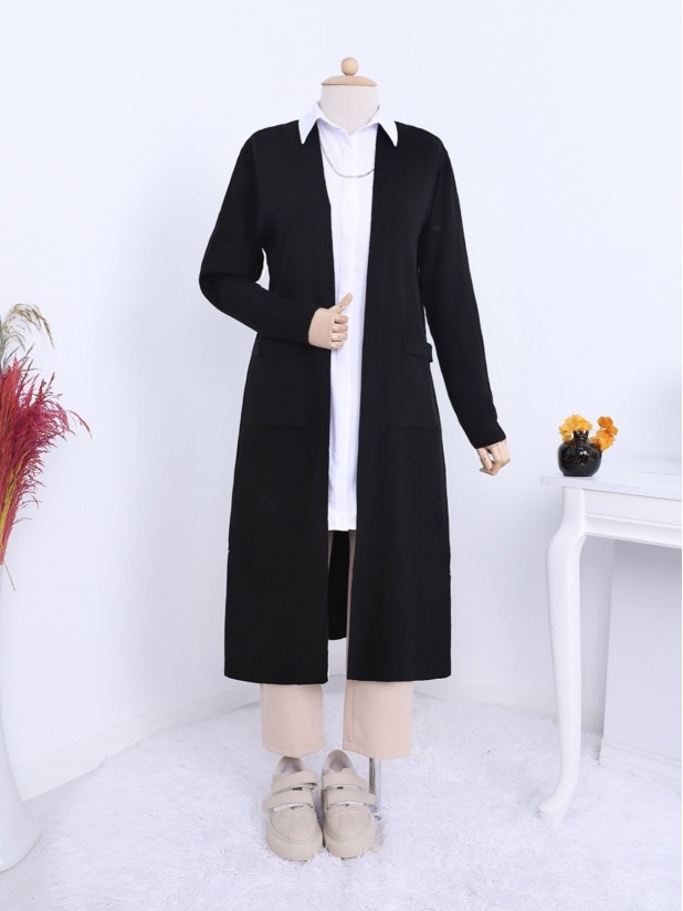 Long Knitwear Cardigan with Ribbed Pockets and Slits -Black