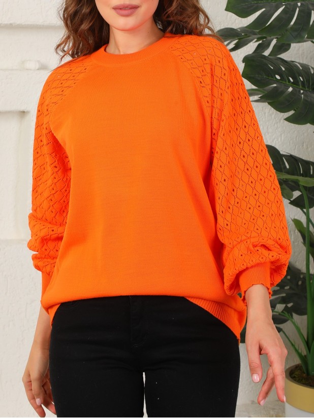 Openwork Sleeves Knitwear Sweater -Orange