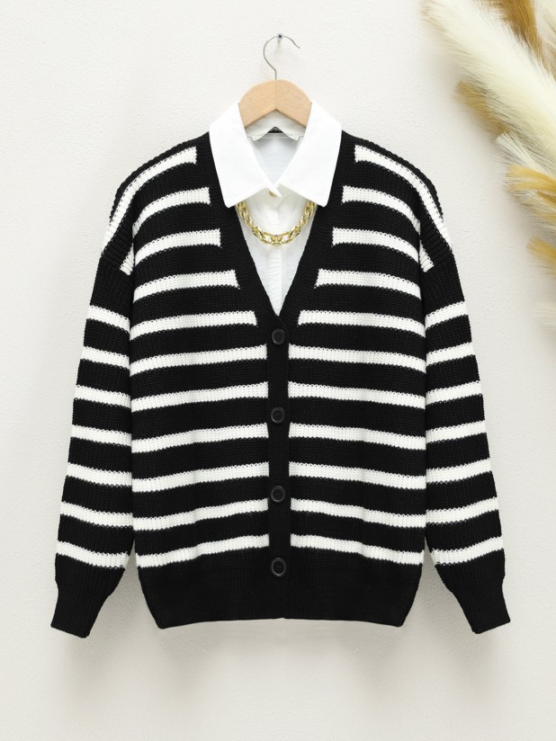 Buttoned Thick Striped Cardigan -Black