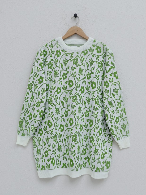 Floral Patterned Round Neck Knitwear Tunic  -PISTACHIO GREEN