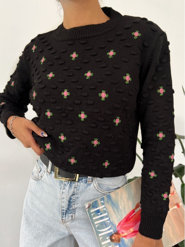 Front And Sleeves Pompom Knitwear Sweater -Black