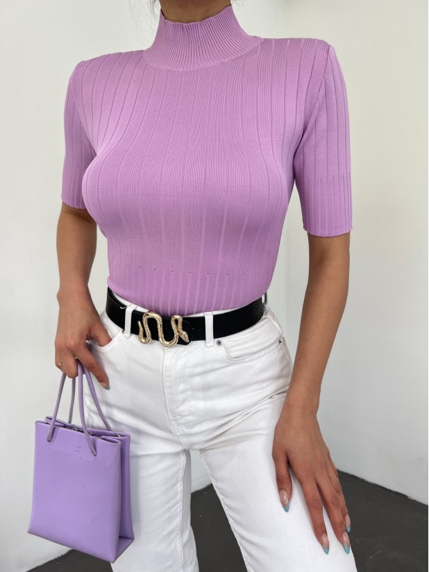 Half Neck Short Sleeve Corduroy Knitwear -Lilac