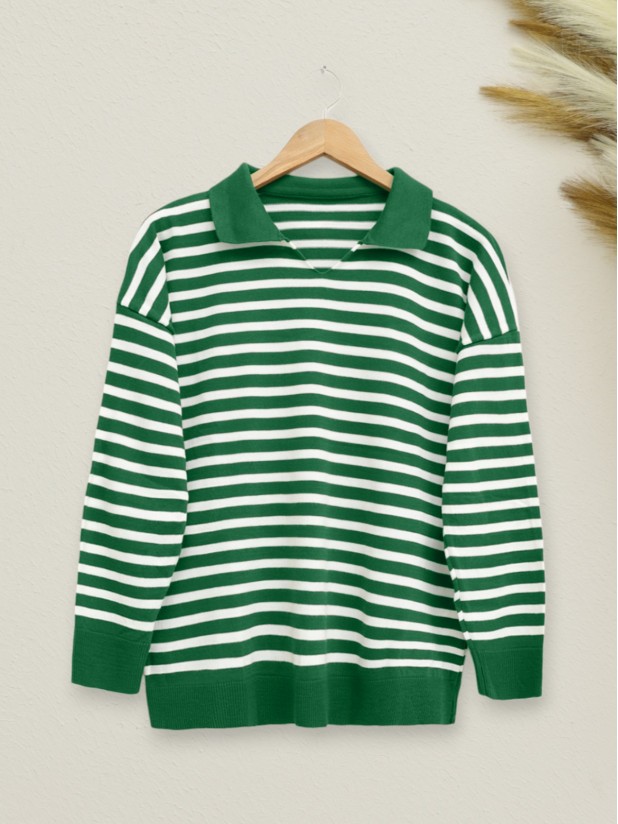 Polo Neck Striped Knitwear Sweater -Green