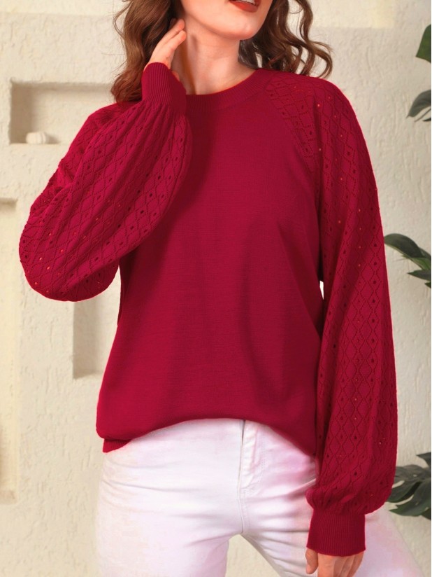Openwork Sleeves Knitwear Sweater  -Red