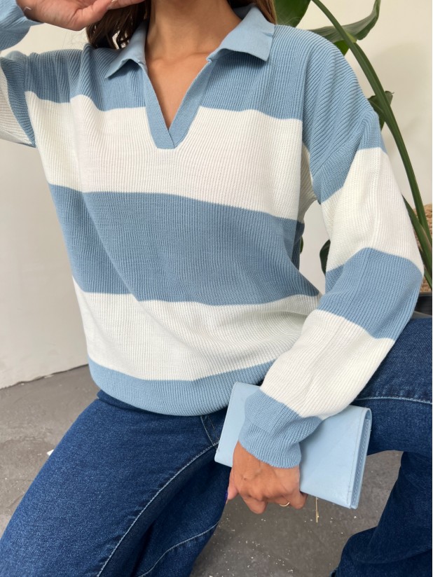 Polo Neck Striped Knitwear Sweater -Blue