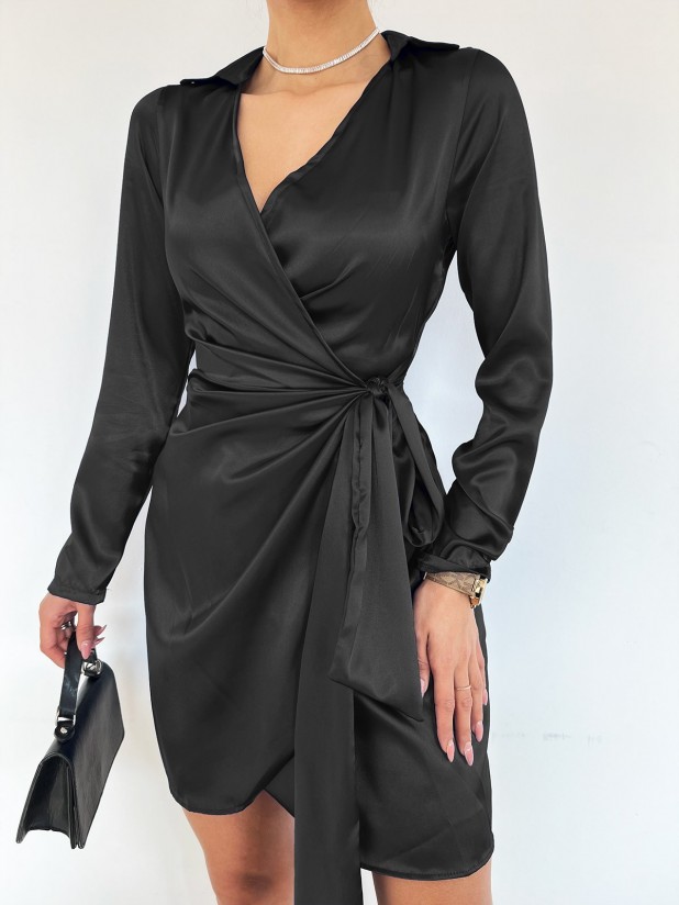 Önü Drapeli Bağcıklı Saten Elbise -Siyah