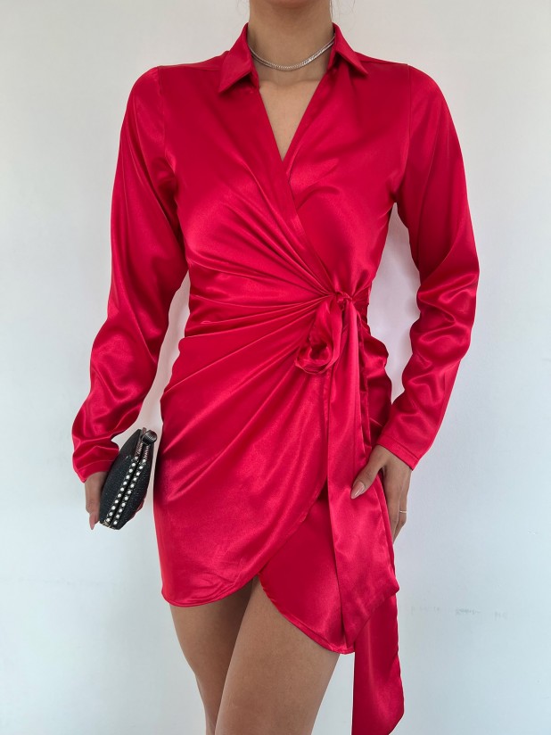 Önü Drapeli Bağcıklı Saten Elbise -Kırmızı