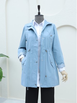 Araboy Trench Coat with Folded Sleeves and Tunnel Lace   -Baby Blue