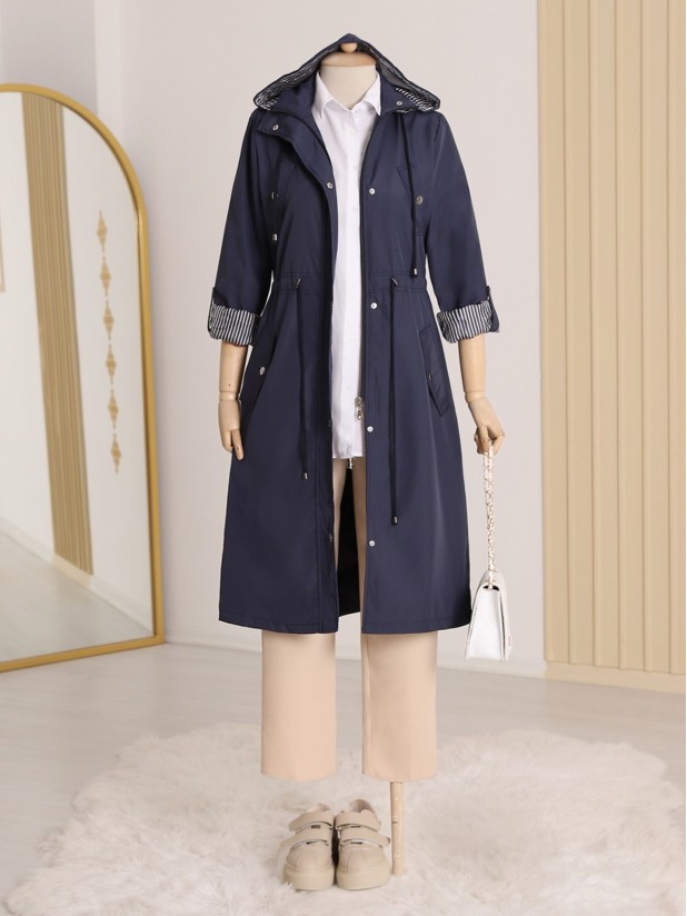 Striped Trench Coat    -Navy blue
