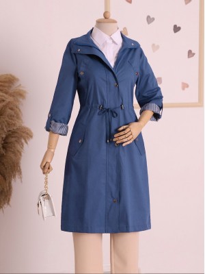 Tunnel Lace Top Pocket Detailed Trench Coat   -İndigo