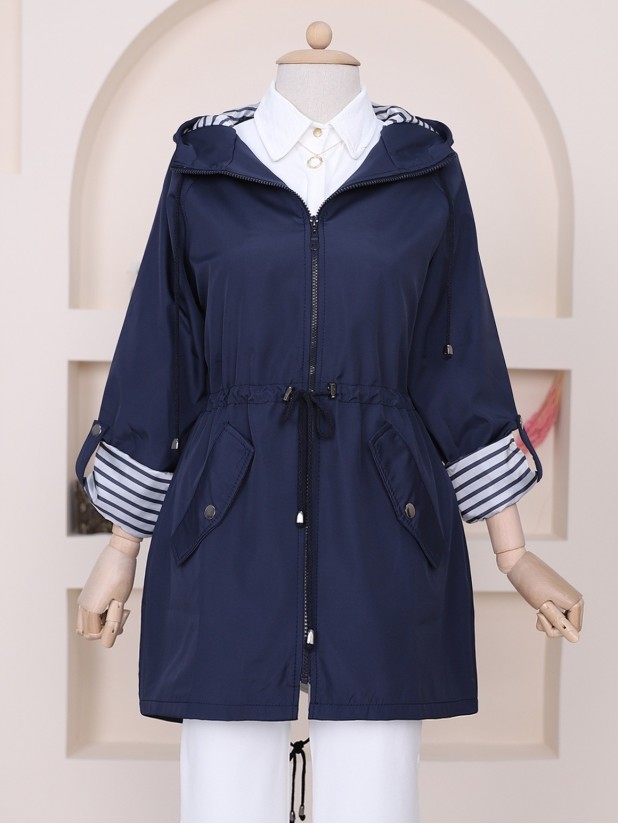Hooded Lined Trench Coat with Folding Sleeves  -Navy blue