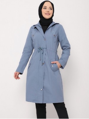 Tunnel Lace Top Pocket Detailed Trench Coat -Blue