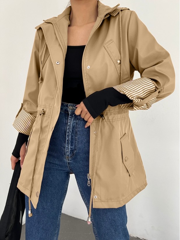Hooded Top Pocket Detailed Short Trench Coat -Stone