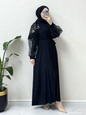 Sequin Shoulders Sequin Sleeve Tulle Double Abaya -Black