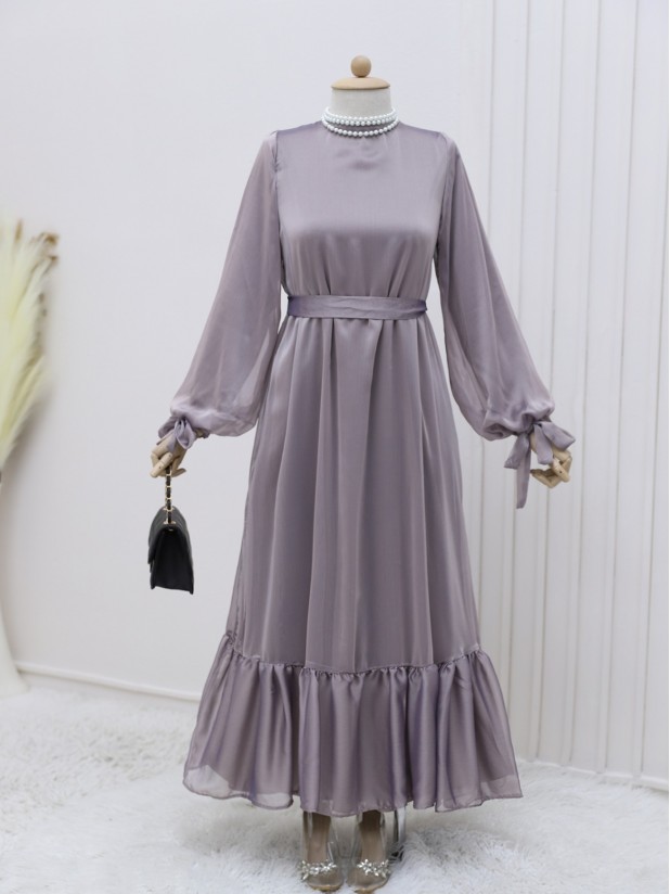 Kolu Bağcıklı Eteği Parçalı Janjan Elbise -Pudra