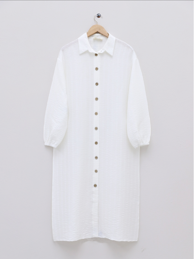 Button Down Sleeve Elastic Shirt Tunic-White