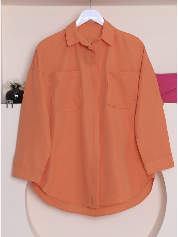 Double Pocket Oval Cut Buttoned Shirt -Orange