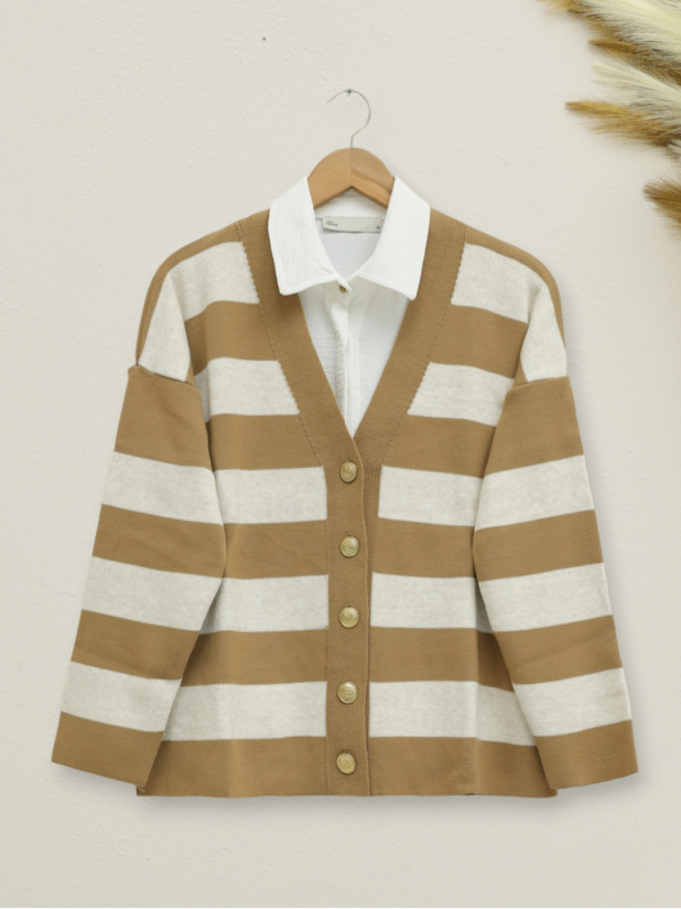 Thick Striped Araboy Knitwear Cardigan -Mink color