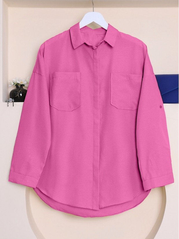 Double Pocket Oval Cut Buttoned Shirt -Fuchsia