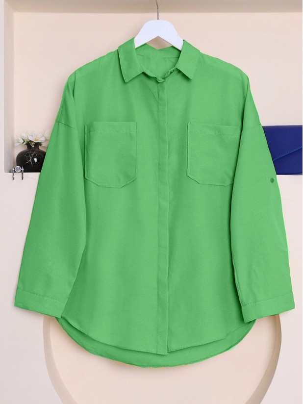 Double Pocket Oval Cut Buttoned Shirt -Green
