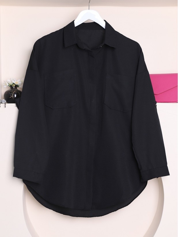 Double Pocket Oval Cut Buttoned Shirt -Black