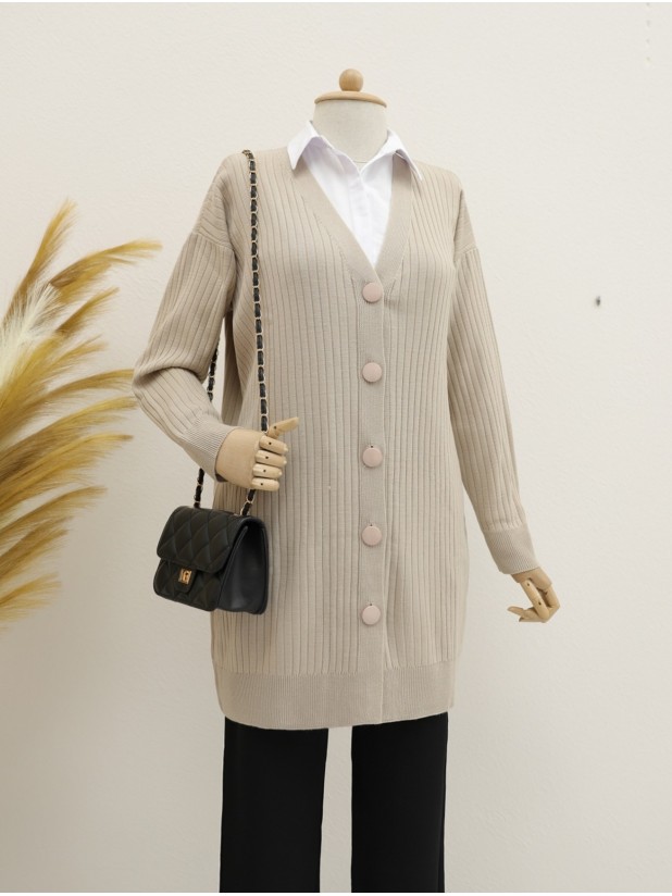 Long Knitwear Cardigan with Ribbed Buttons -Light Mink