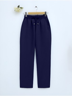 Slim Leg Trousers with Waist Lace  -Navy blue