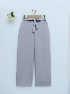 Double Fabric Waist Belted Wide Leg Trousers   -Grey