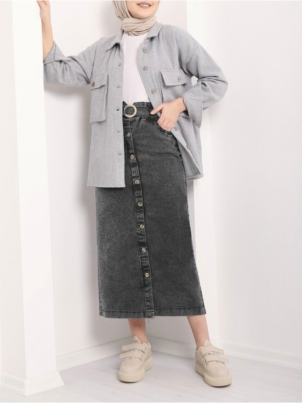 Buttoned Long Denim Skirt     -Grey