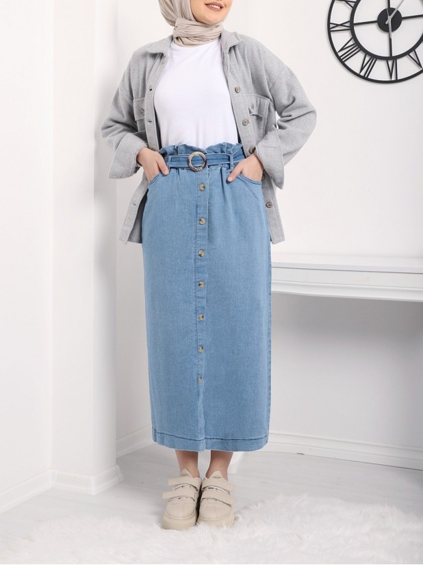 Buttoned Long Denim Skirt -Blue