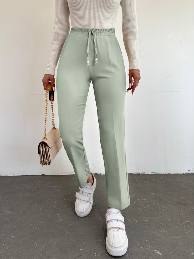 Elastic Waist Double Pocket Lacing Detail Trousers       -Sea green