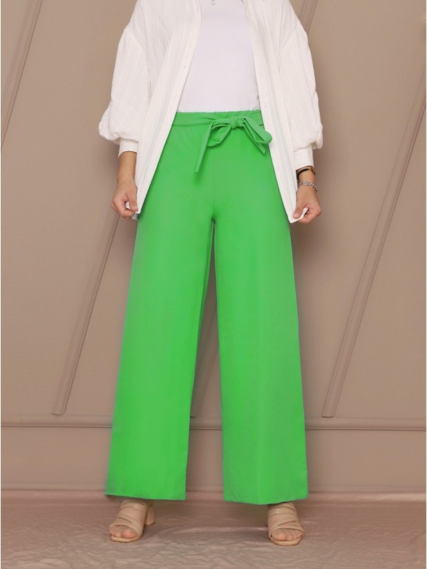 Beli Bağcıklı Double Bol Paça Pantolon         -A.Yeşil