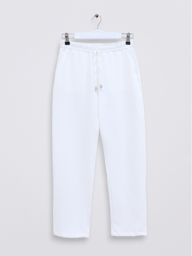Elastic Waist Double Pocket Lacing Detail Trousers -White