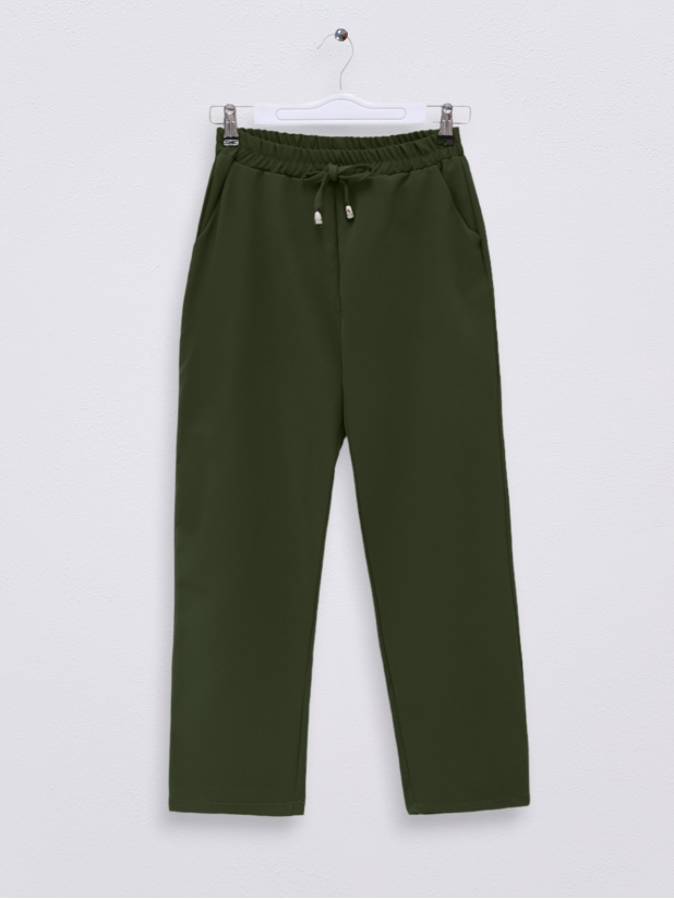 Elastic Waist Double Pocket Lacing Detail Trousers  -Khaki