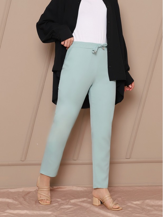 Elastic Waist Double Pocket Lacing Detail Trousers       -Mint Color