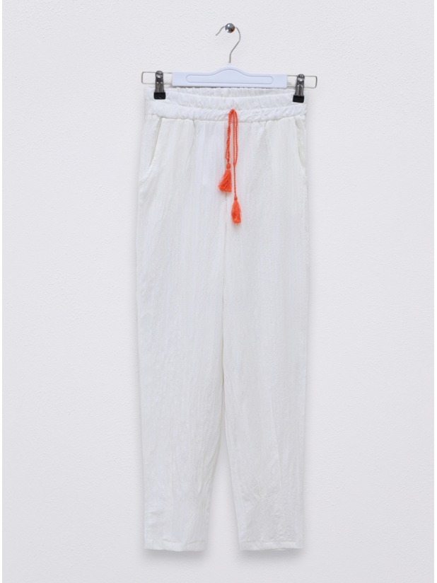 Paçası Pens Dikişli Bağcık Detaylı Pantolon -Beyaz