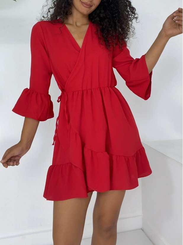 Eteği Ve Kolları Fırfırlı Beli Lastikli Ayrobin Elbise  -Kırmızı
