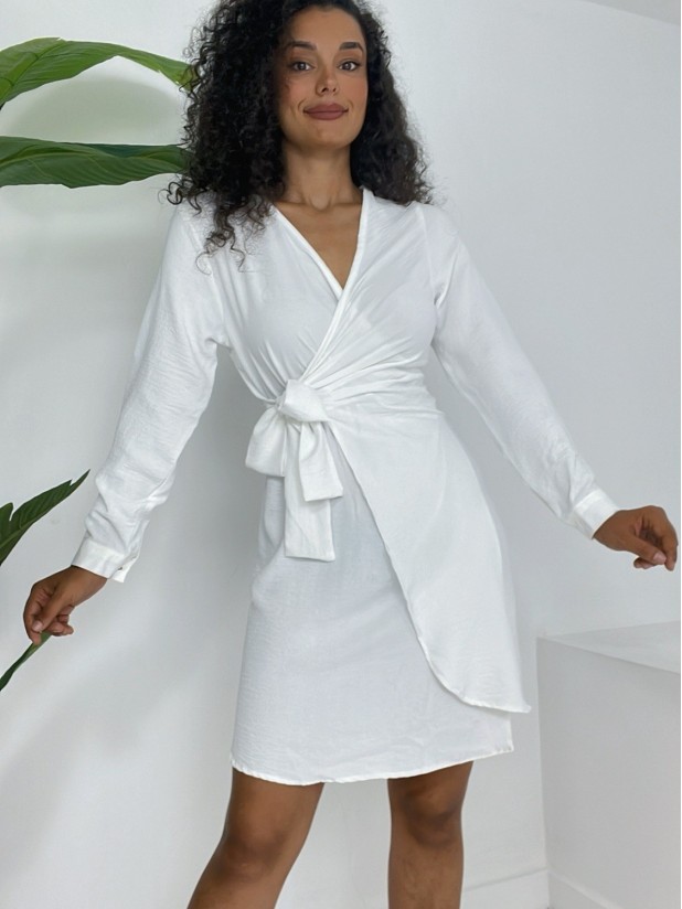 Kruvaze Yaka Bağlamalı Fırfırlı Ayrobin Elbise    -Beyaz