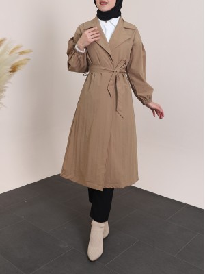 Belted Lined Trench Coat with Elastic Sleeves -Snuff