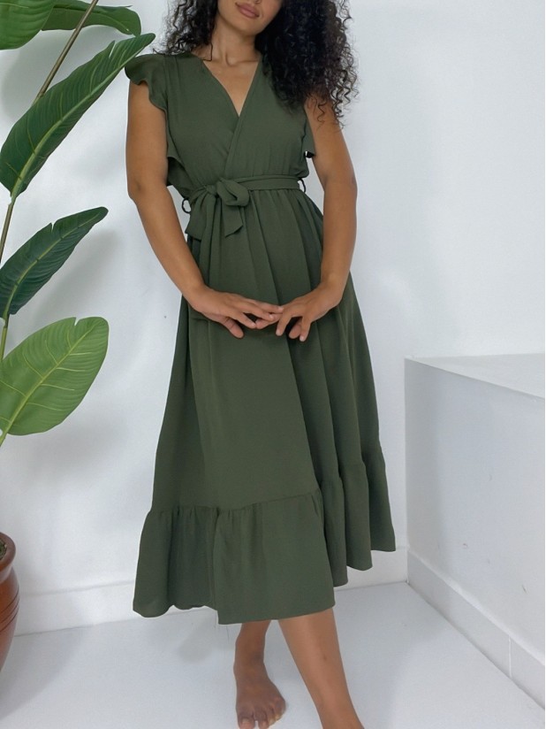 Omuzları Fırfırlı Sıfır Kol Beli Lastikli Bağcıklı Ayrobin Elbise -Haki